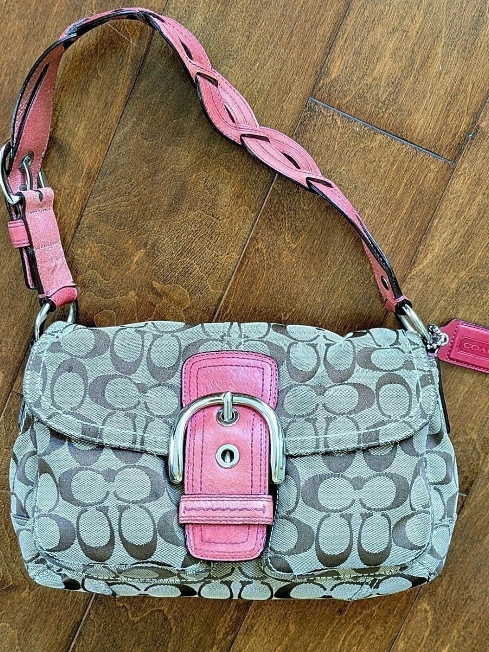 Vintage Coach Pink-Trim Signature Canvas Shoulder Bag